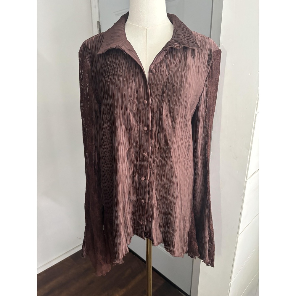 Free People Blouse Womens Large Brown Crinkle Lace Bell Sleeve Boho 90s Y2K